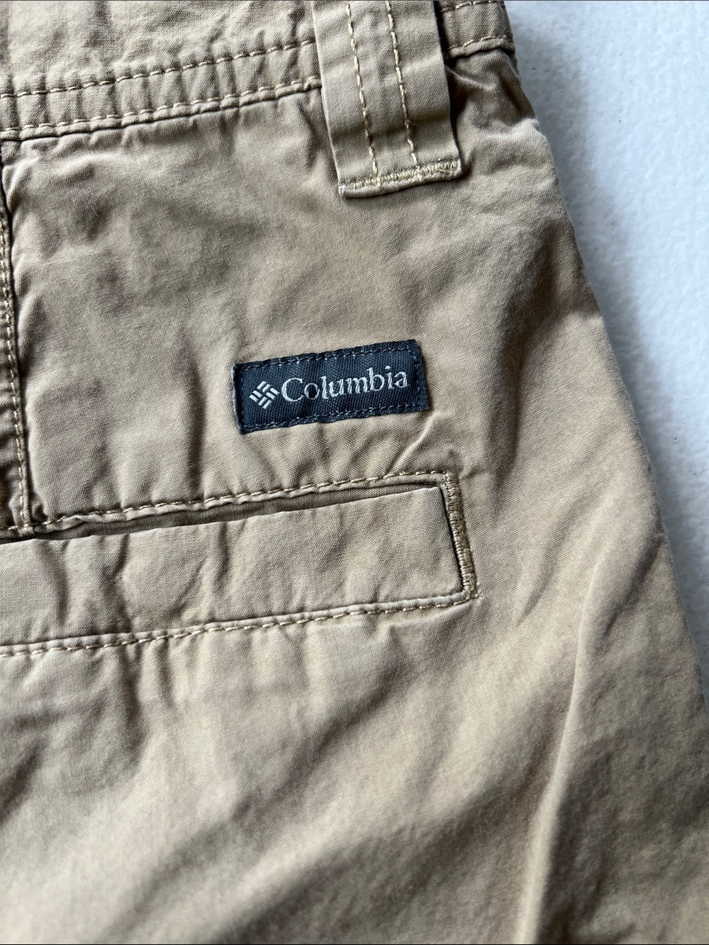 Columbia Men's Tan Cargo Shorts with Navy Logo Patch